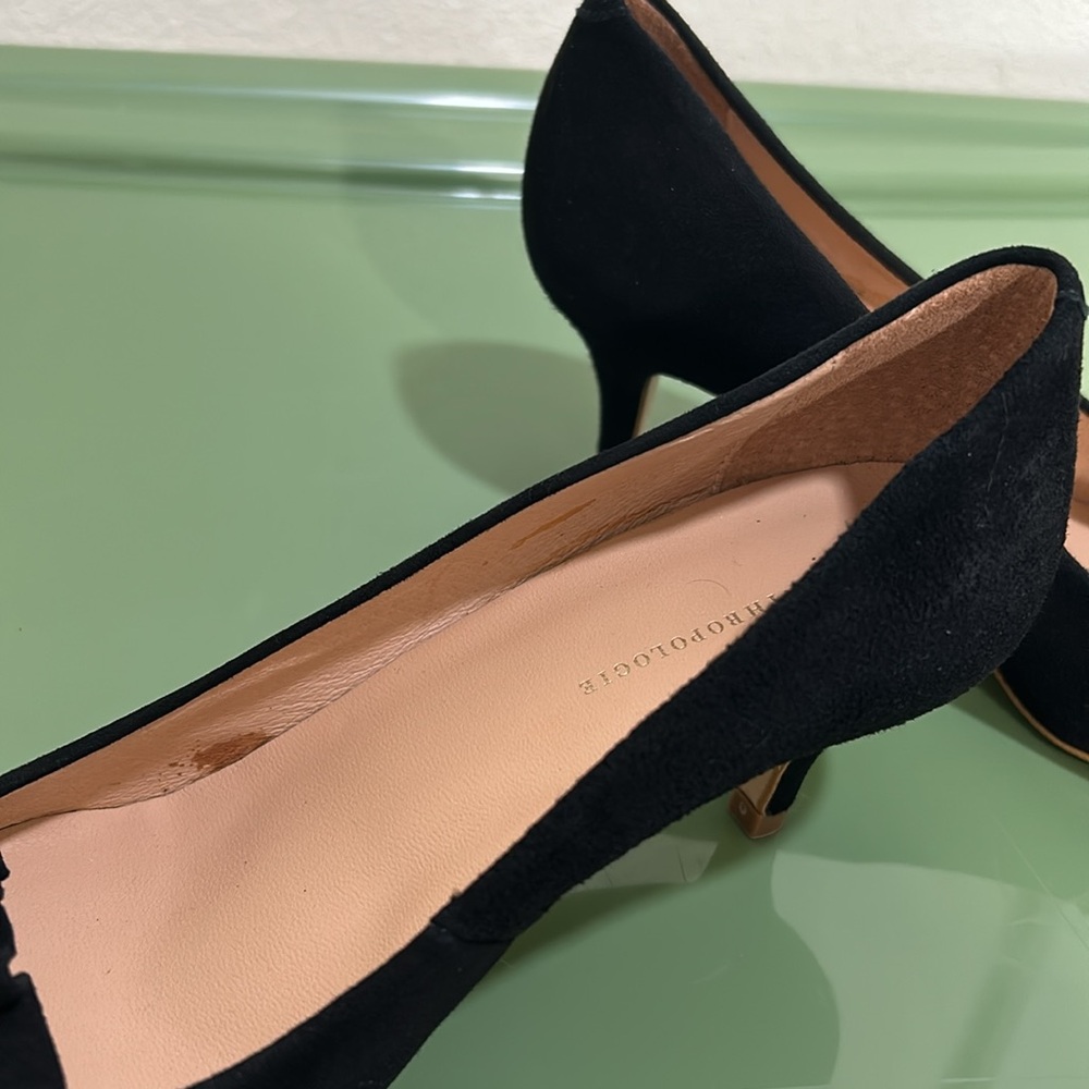 ANTHROPOLOGIE RUFFLE KITTEN 2.5 HEELS  SUEDE BLACK SZ 38 MADE IN SPAIN - Picture 8 of 11